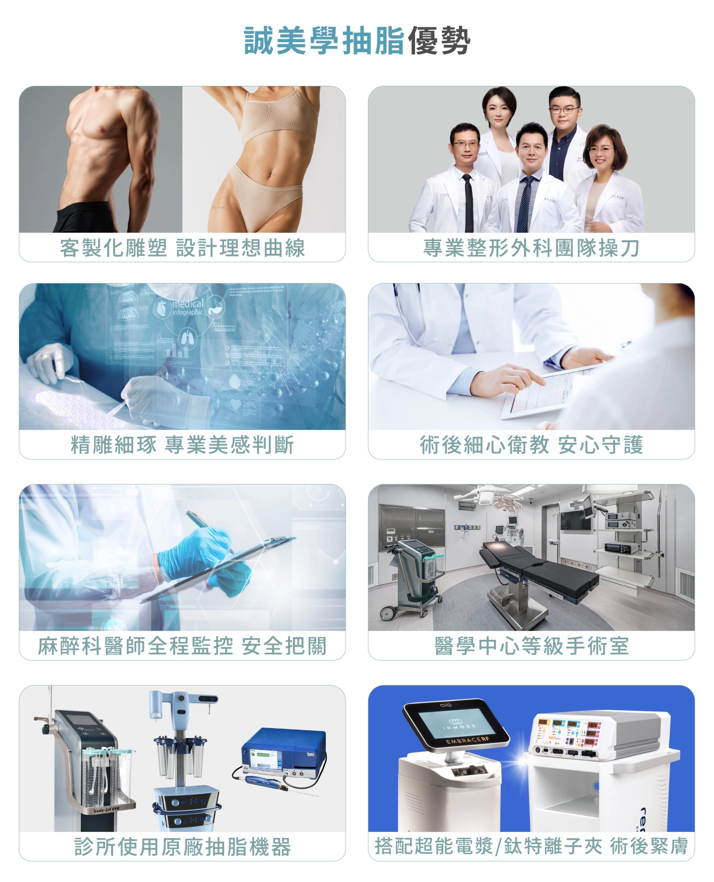 台中 誠美學診所 抽脂體雕腹部拉皮手術優勢-整形外科醫師團隊親自診療、醫學中心等級手術室及設備、麻醉科專科醫師全程檢測